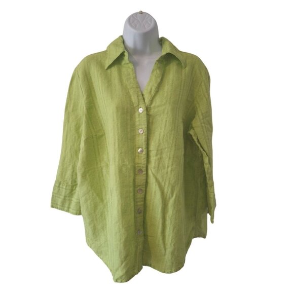 Coldwater Creek 1X Lime Linen Blend Shirt Button Up Top Relaxed Lagenlook - Picture 1 of 7